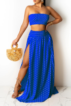 Blue Sexy Dot High Opening Strapless Sleeveless Two Pieces