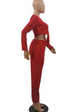 Red Casual Solid Split Joint Asymmetrical O Neck Long Sleeve Two Pieces