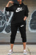 Black Fashion Street Print Patchwork Hooded Collar Long Sleeve Two Pieces
