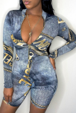 Grey Sexy Print Patchwork Mandarin Collar Skinny Rompers