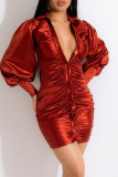 Red Fashion Sexy Solid Fold Turndown Collar Long Sleeve Dresses
