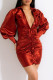 Red Fashion Sexy Solid Fold Turndown Collar Long Sleeve Dresses