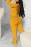 Yellow Casual Solid Patchwork V Neck Long Sleeve Two Pieces