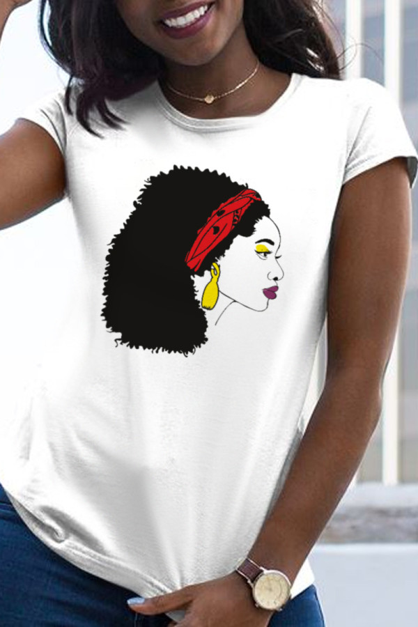 White Casual Daily Print Patchwork O Neck T-Shirts