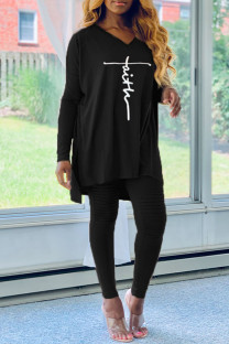 Black Casual Print Split Joint Asymmetrical V Neck Long Sleeve Two Pieces