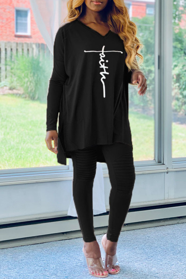Black Casual Print Split Joint Asymmetrical V Neck Long Sleeve Two Pieces