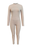 Apricot Sexy Solid Patchwork O Neck Long Sleeve Two Pieces