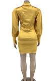 Gold Fashion Casual Solid Fold Turndown Collar Long Sleeve Dresses