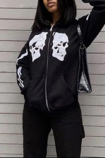 Black Fashion Casual Skull Head Print Zipper Hooded Collar Outerwear