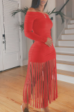 Red Sexy Solid Tassel Off the Shoulder Straight Dresses