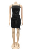 Brownness Fashion Sexy Solid Draw String Backless Fold Spaghetti Strap Sleeveless Dress Dresses