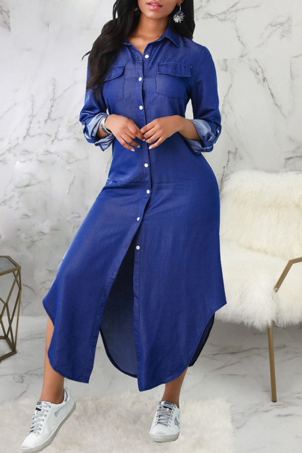 Blue Casual Solid Patchwork Buckle Turndown Collar Shirt Dress Dresses