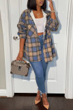 Purple Fashion Casual Plaid Print Cardigan Turndown Collar Outerwear