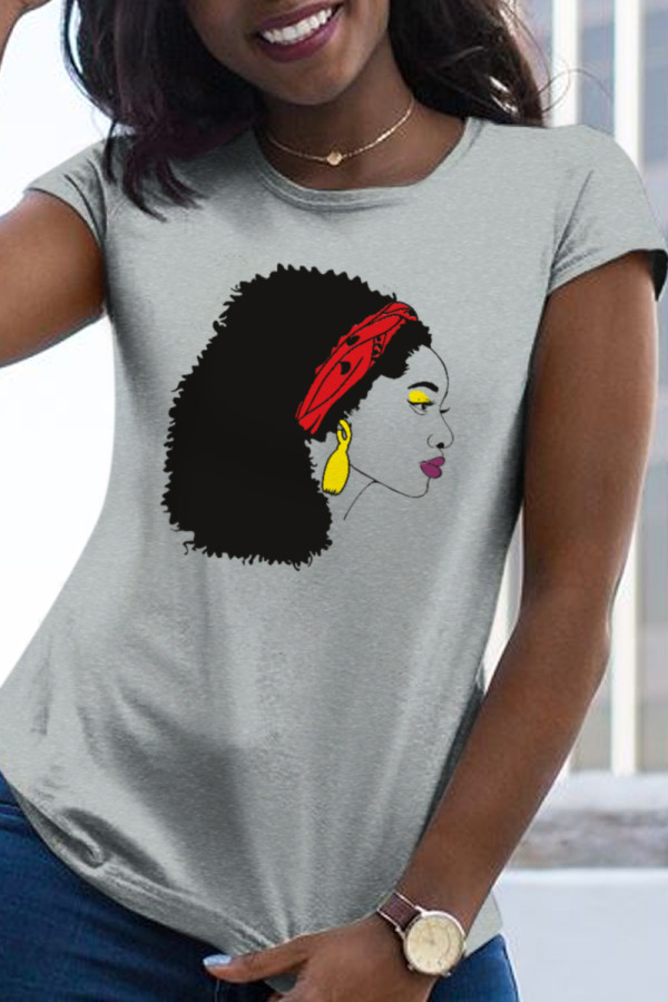 Grey Casual Daily Print Patchwork O Neck T-Shirts