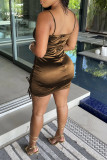 Brownness Fashion Sexy Solid Draw String Backless Fold Spaghetti Strap Sleeveless Dress Dresses