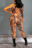 Orange Fashion Casual Print Basic Zipper Collar Skinny Jumpsuits