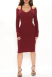 Red Sexy Solid Patchwork V Neck One Step Skirt Dresses