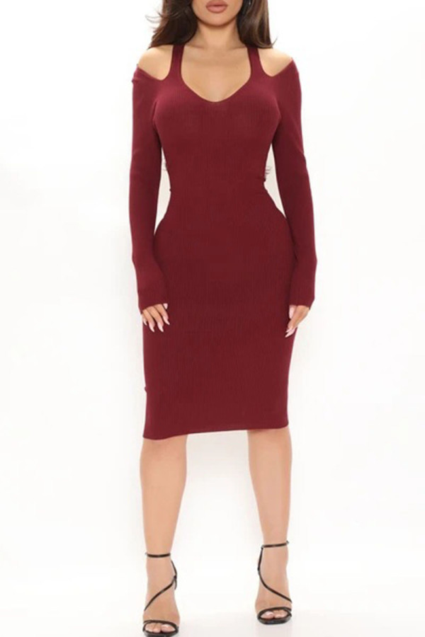 Red Sexy Solid Patchwork V Neck One Step Skirt Dresses