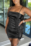 Brownness Fashion Sexy Solid Draw String Backless Fold Spaghetti Strap Sleeveless Dress Dresses