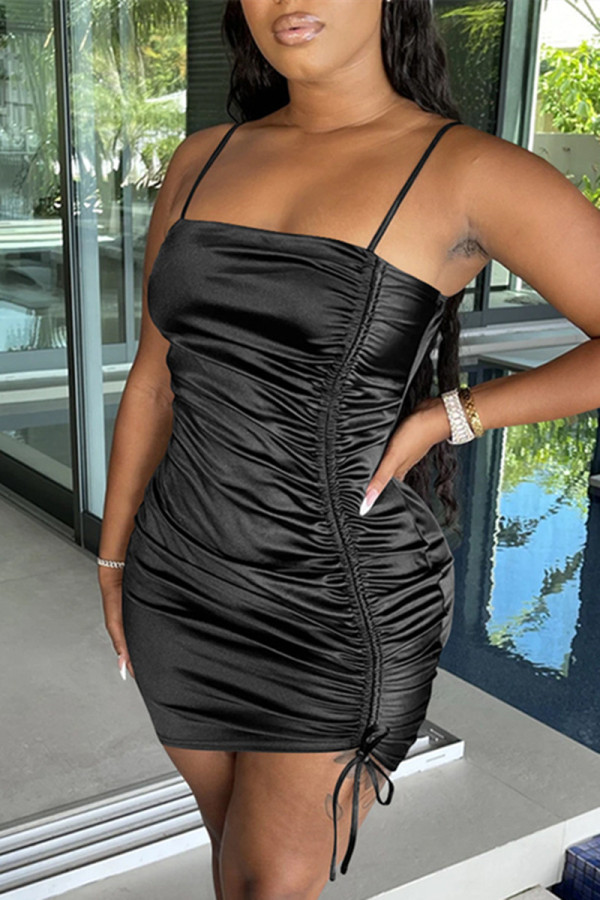 Black Fashion Sexy Solid Draw String Backless Fold Spaghetti Strap Sleeveless Dress Dresses
