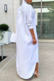 White Fashion Casual Solid Basic Turndown Collar Long Sleeve Shirt Dress
