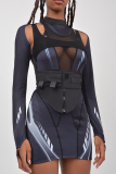 Deep Blue Sexy Print Patchwork Half A Turtleneck Pencil Skirt Dresses