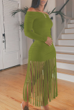 Red Sexy Solid Tassel Off the Shoulder Straight Dresses