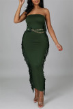 Green Fashion Sexy Solid Tassel Split Joint Backless Strapless Long Dress