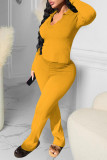 Yellow Casual Solid Patchwork V Neck Long Sleeve Two Pieces
