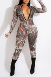 Orange Sexy Print Patchwork Zipper Zipper Collar Regular Jumpsuits
