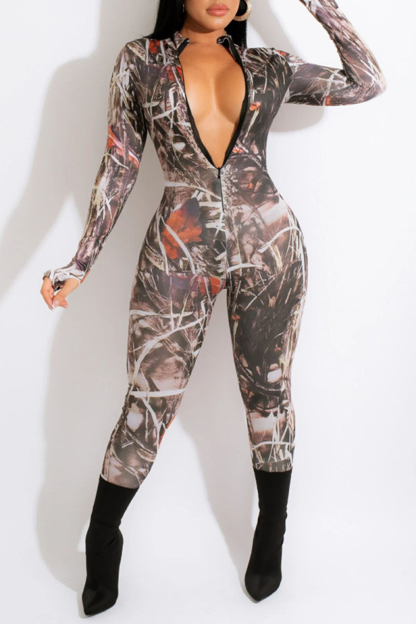 Brown Sexy Print Patchwork Zipper Zipper Collar Regular Jumpsuits