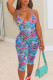 Blue Sexy Print Patchwork U Neck Skinny Rompers