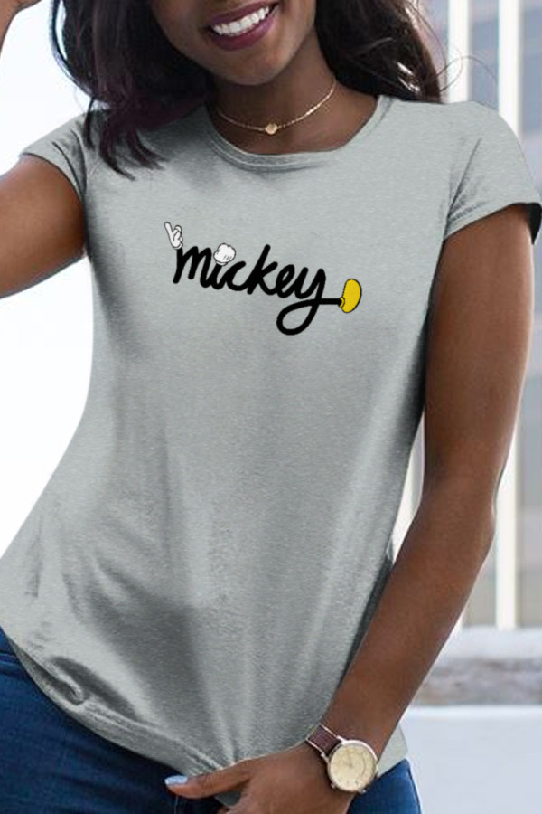 Grey Casual Street Print Patchwork O Neck T-Shirts