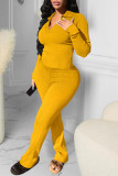 Yellow Casual Solid Patchwork V Neck Long Sleeve Two Pieces