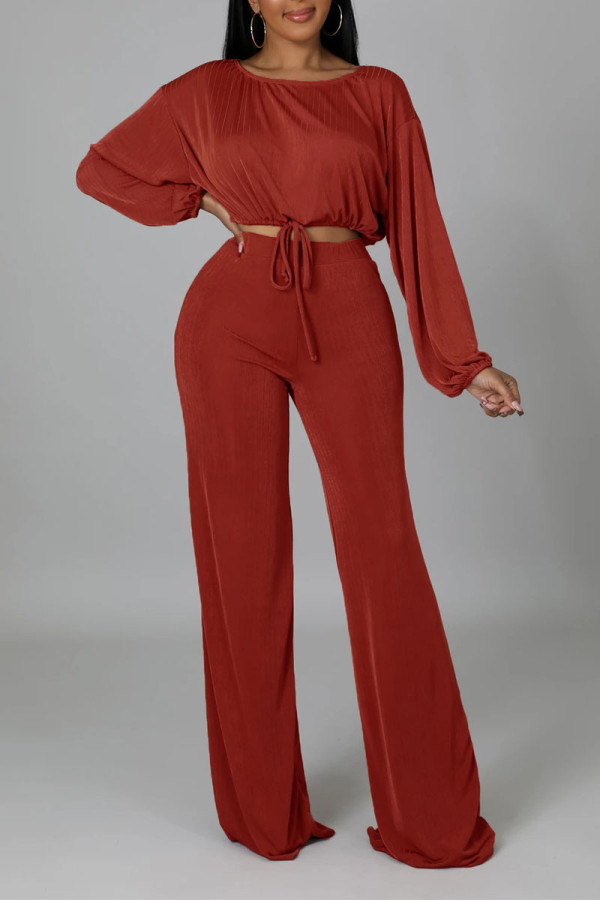 Red Casual Solid Patchwork O Neck Long Sleeve Two Pieces