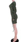 Olive Green Sexy Plaid Print Split Joint Frenulum Fold O Neck One Step Skirt Dresses
