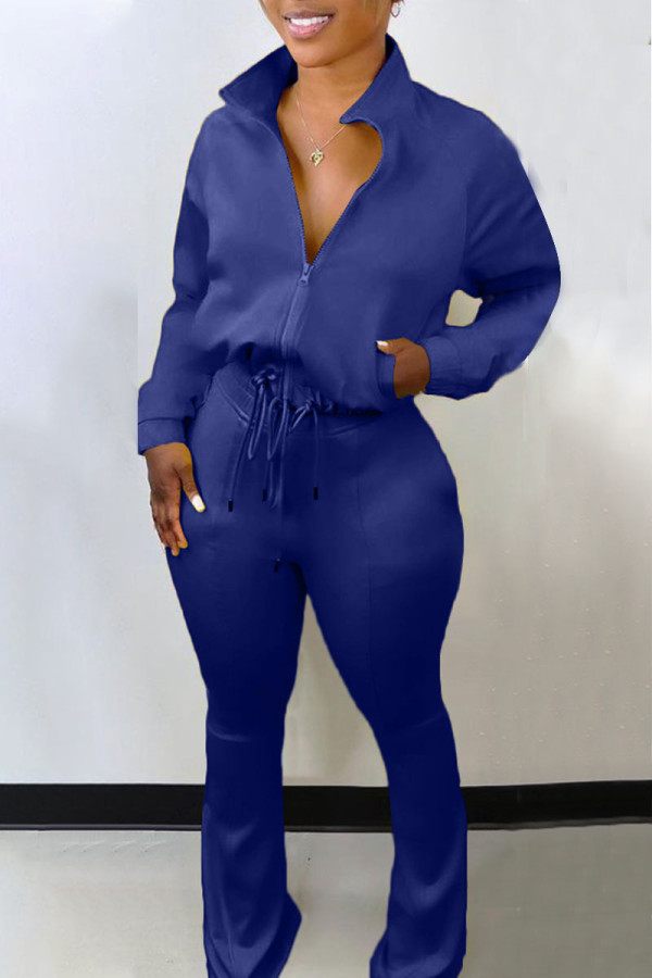 Peacock Blue Casual Solid Patchwork Draw String Zipper Zipper Collar Long Sleeve Two Pieces