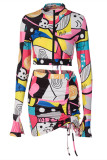 Colour Fashion Casual Print Bandage Draw String Long Sleeve Three-piece Set