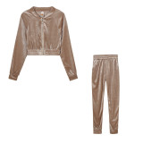 Pink Fashion Casual Solid Basic Zipper Collar Long Sleeve Two Pieces