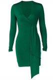 Dark Green Fashion Sexy Solid Patchwork V Neck Long Sleeve Dresses