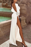 White Fashion Sexy Solid Backless Slit O Neck Long Sleeve Dresses