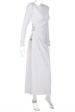 White Fashion Sexy Solid Backless Slit O Neck Long Sleeve Dresses