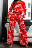 Red Casual Street Print Patchwork O Neck Long Sleeve Two Pieces