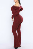 Burgundy Sexy Solid Patchwork Off the Shoulder Boot Cut Jumpsuits