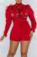 Red Sexy Solid Hollowed Out Patchwork See-through Half A Turtleneck Regular Rompers