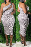 Leopard Print Fashion Sexy Plus Size Print Bandage Hollowed Out One Shoulder Sleeveless Dress