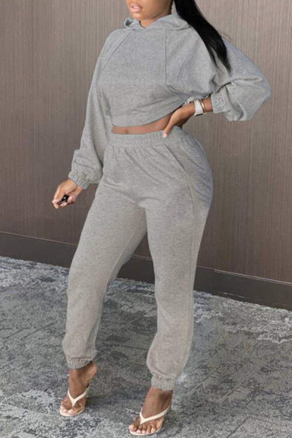 Grey Fashion Casual Solid Basic Hooded Collar Long Sleeve Two Pieces