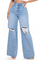 Blue Fashion Casual Solid Basic High Waist Regular Denim Jeans