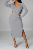 Grey Sexy Solid Hollowed Out Patchwork Slit Zipper V Neck Long Sleeve Two Pieces