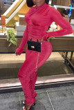 Rose Red Sexy Solid Patchwork Fold Turtleneck Regular Jumpsuits